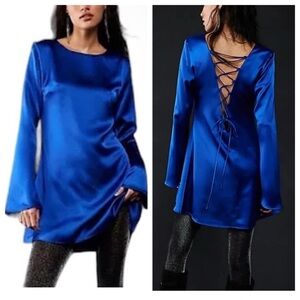 New! Free People x Delfi Collective Amber Royal Blue Satin Dress 2850